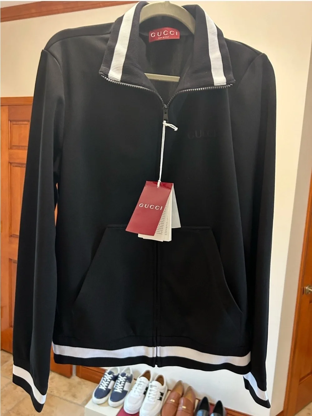 Men’s Gucci jersey technical, zip up jacket, web, trim, size medium, made Italy